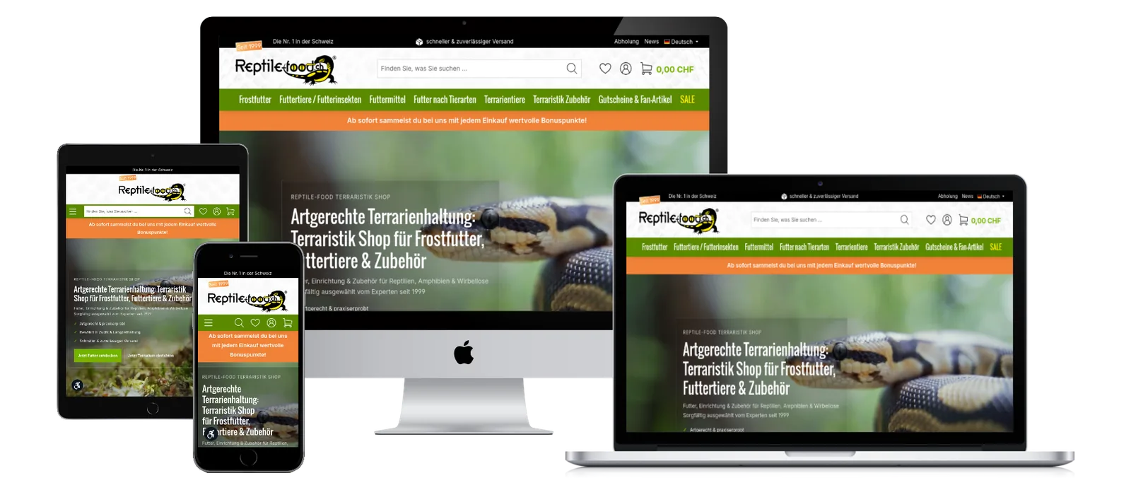 Reptile-food.ch GmbH – Shopware 6 Website auf Desktop, Tablet und Smartphone